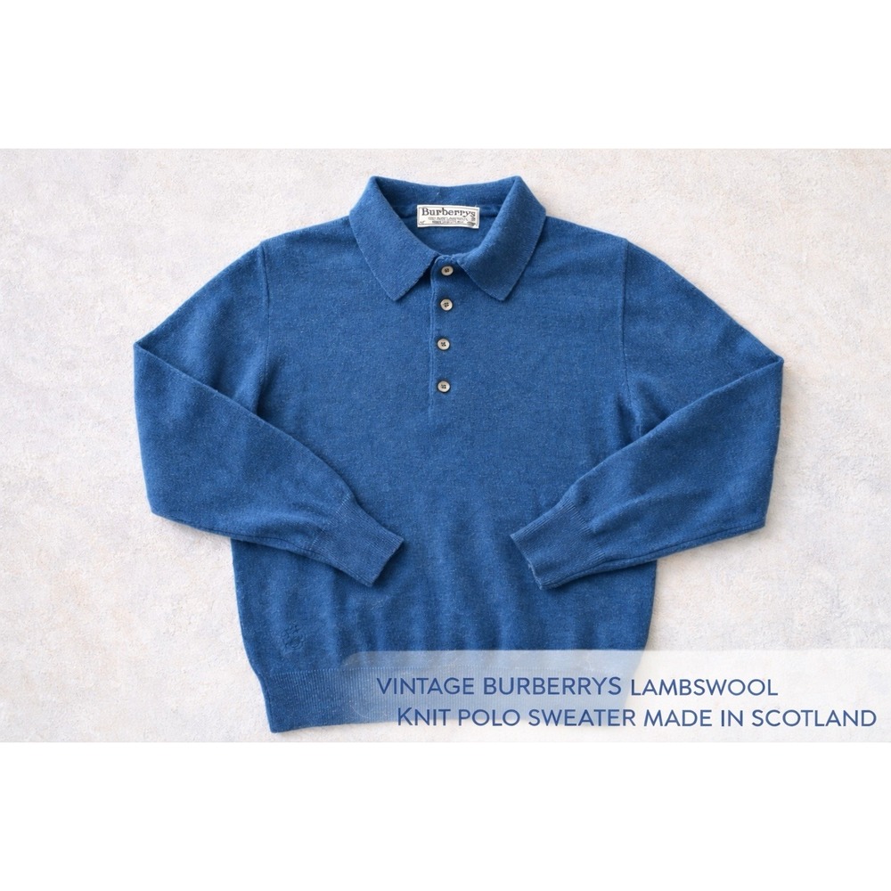 Vintage Burberrys 100% Pure Lambswool Polo Sweater Mens 40 Made In Scotland Blue